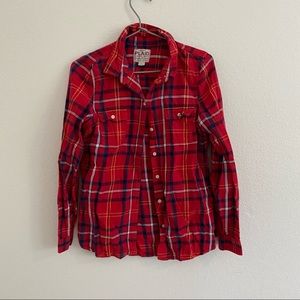 red and blue plaid button up